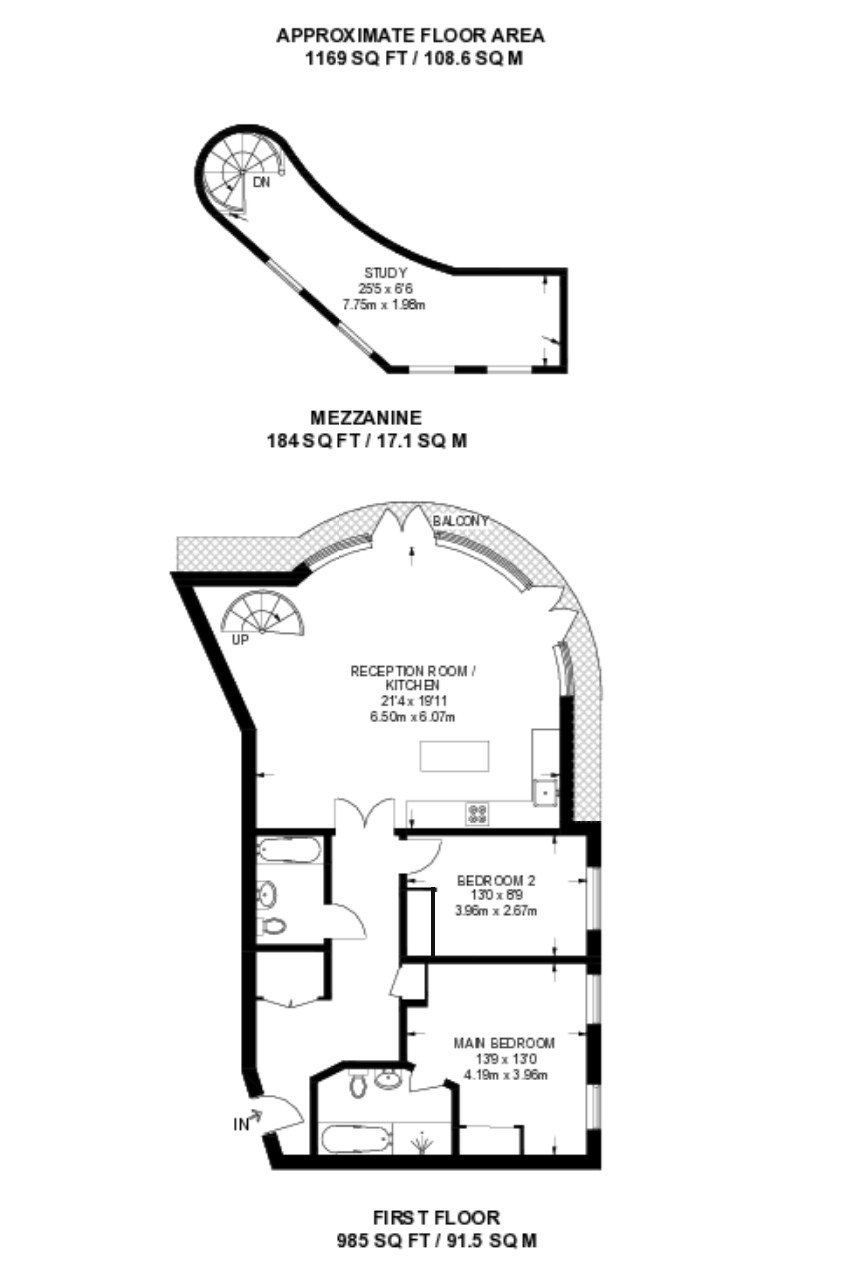 Floor plan showing first floor and mezzanine layout with room dimensions